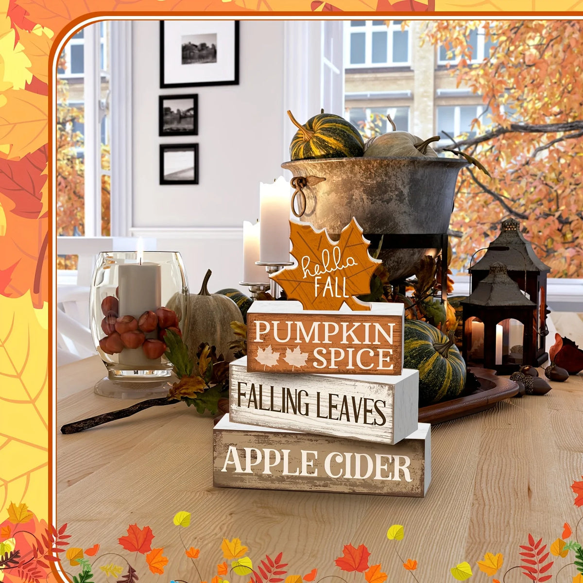 A rustic wooden maple leaf tiered tray set featuring pumpkins, spices, and leaves on a light wood surface.