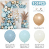 A blue and gold balloon garland arch kit featuring balloons in various shades of blue, white, and gold.