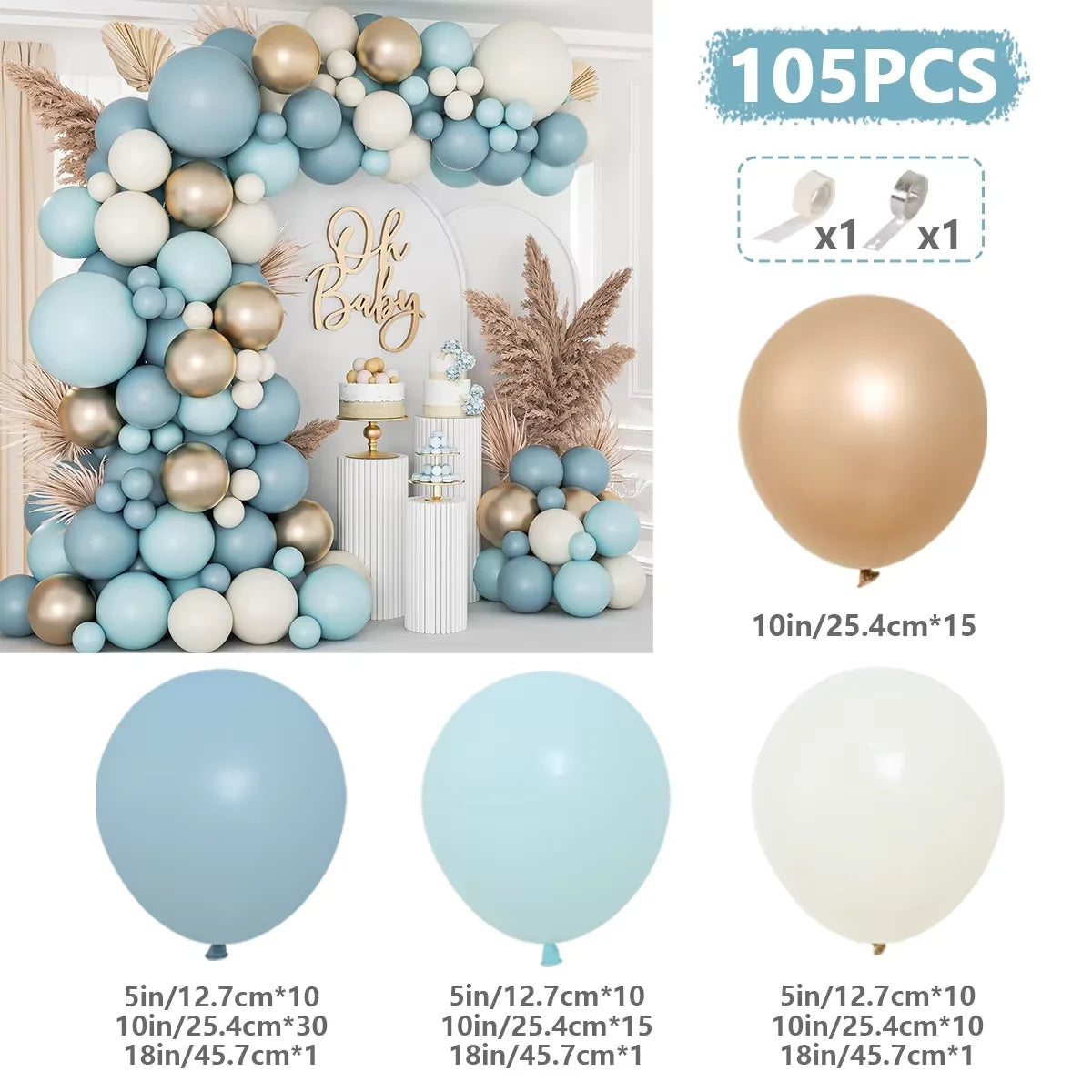 A blue and gold balloon garland arch kit featuring balloons in various shades of blue, white, and gold.