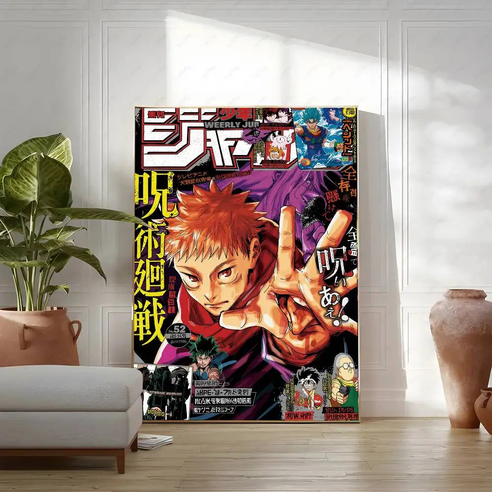 A vertical poster featuring characters from Jujutsu Kaisen anime in a dark, dynamic style.