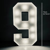 A glowing light-up marquee number sign shaped like the numeral 9 displayed against a dark background.