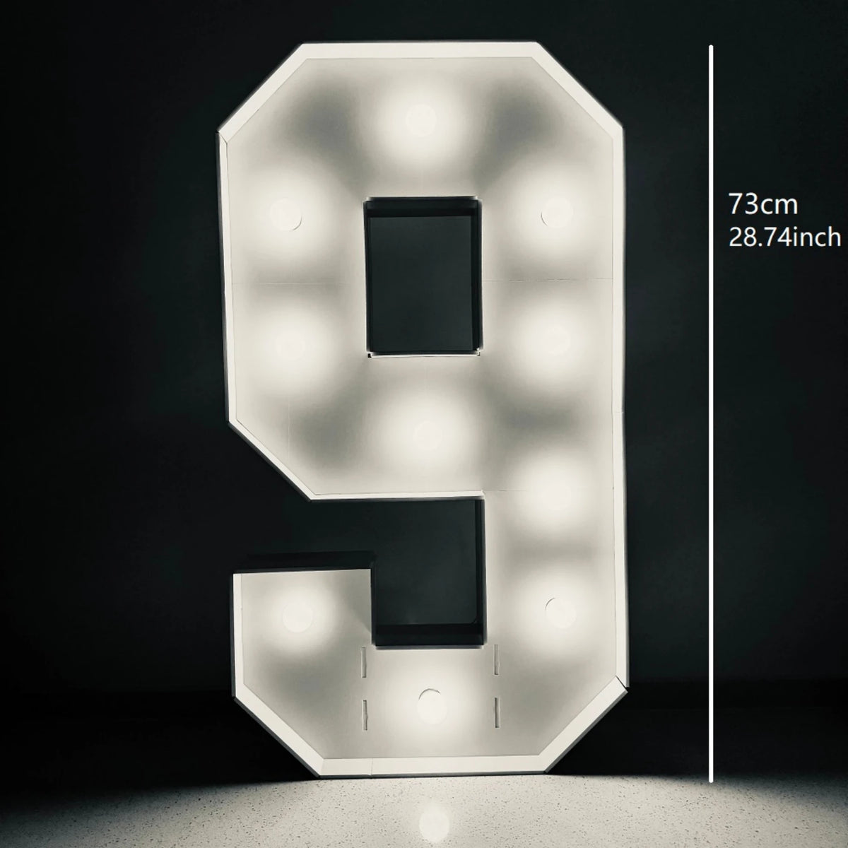 A glowing light-up marquee number sign shaped like the numeral 9 displayed against a dark background.