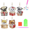 Set of DIY diamond painting keychains featuring dog and fox designs with various colored beads and a pink paint brush