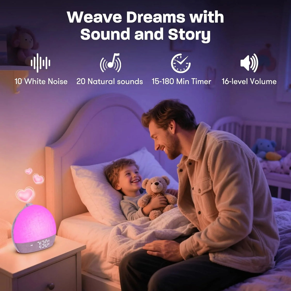 A man is sitting in bed with a child, next to a pink light therapy device and a bedside clock.
