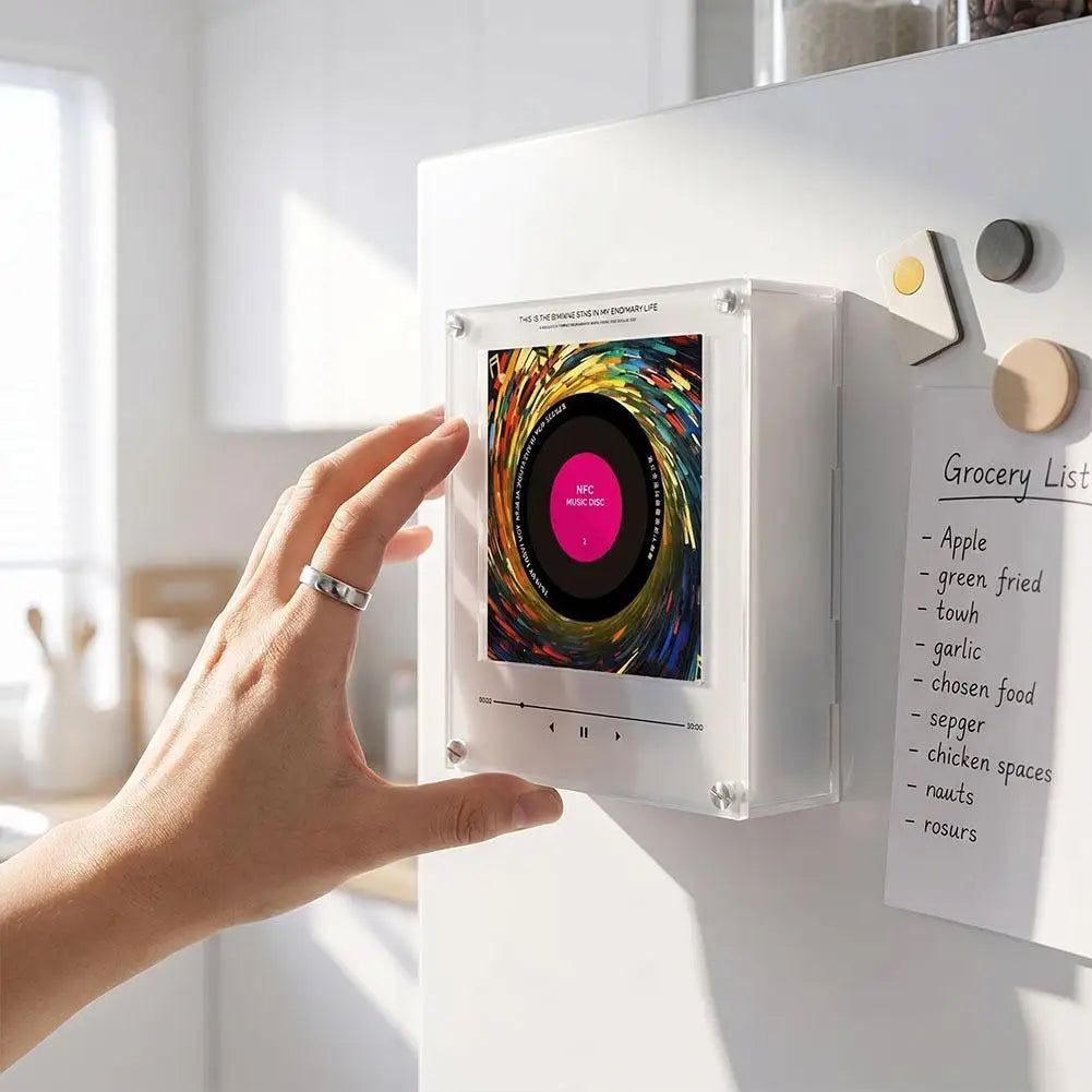 A hand interacts with a white Retro NFC Music Box Night Light featuring a rotating disc display.