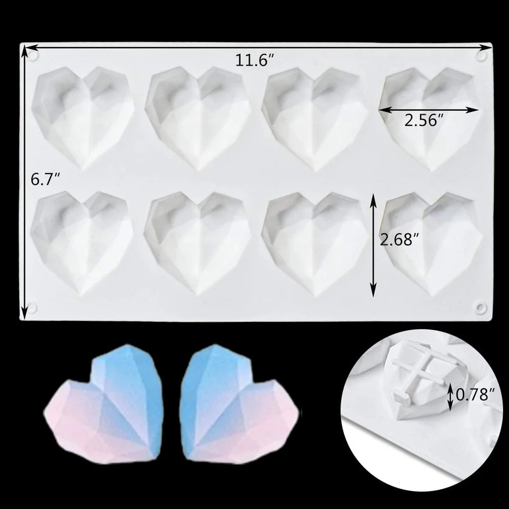A set of heart-shaped silicone chocolate molds with letters and numbers shown in various views.