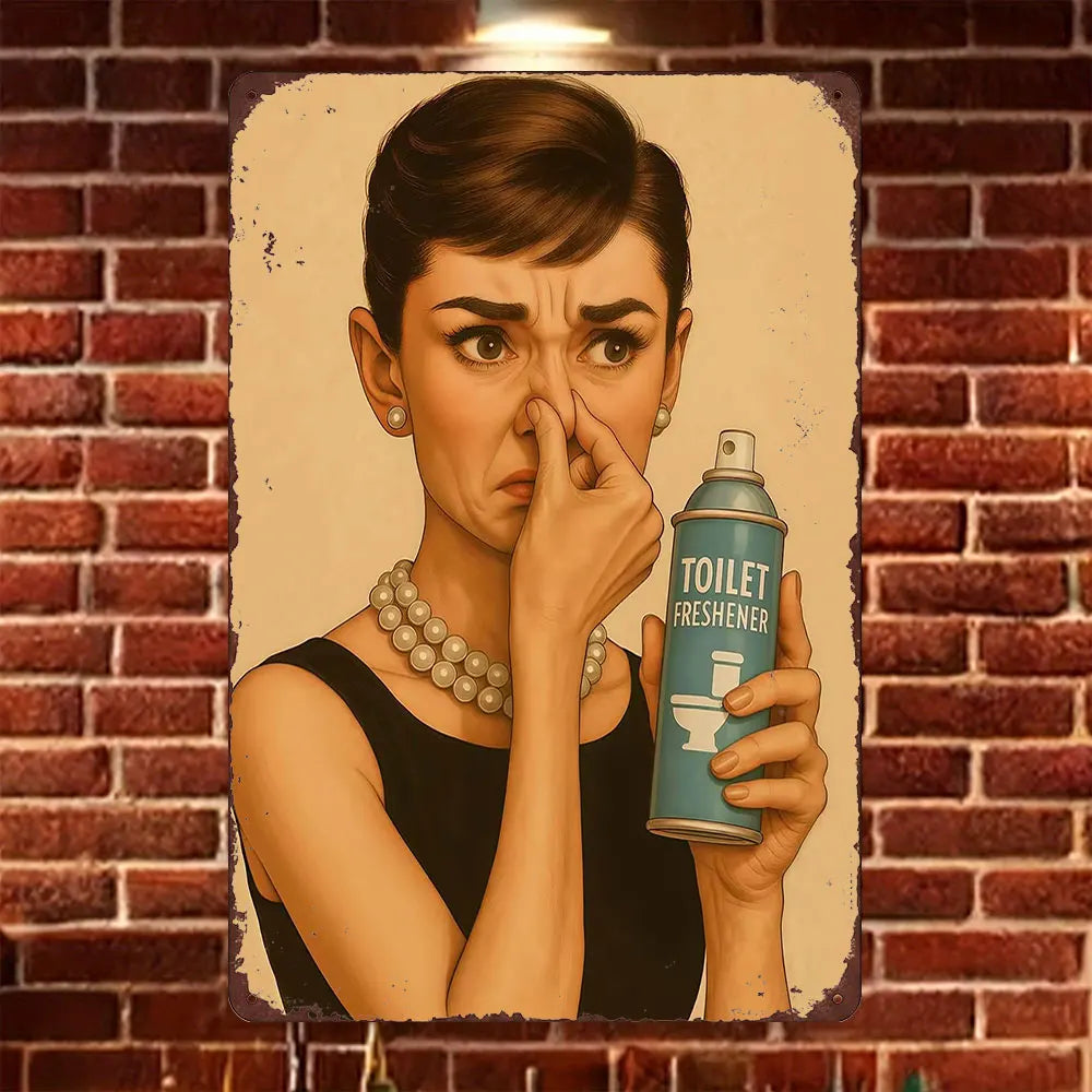 Vintage funny art parody metal tin sign featuring a woman touching her nose and holding a toilet freshener.