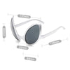 Silver-framed sunglasses with dark lenses shown with various dimension measurements.