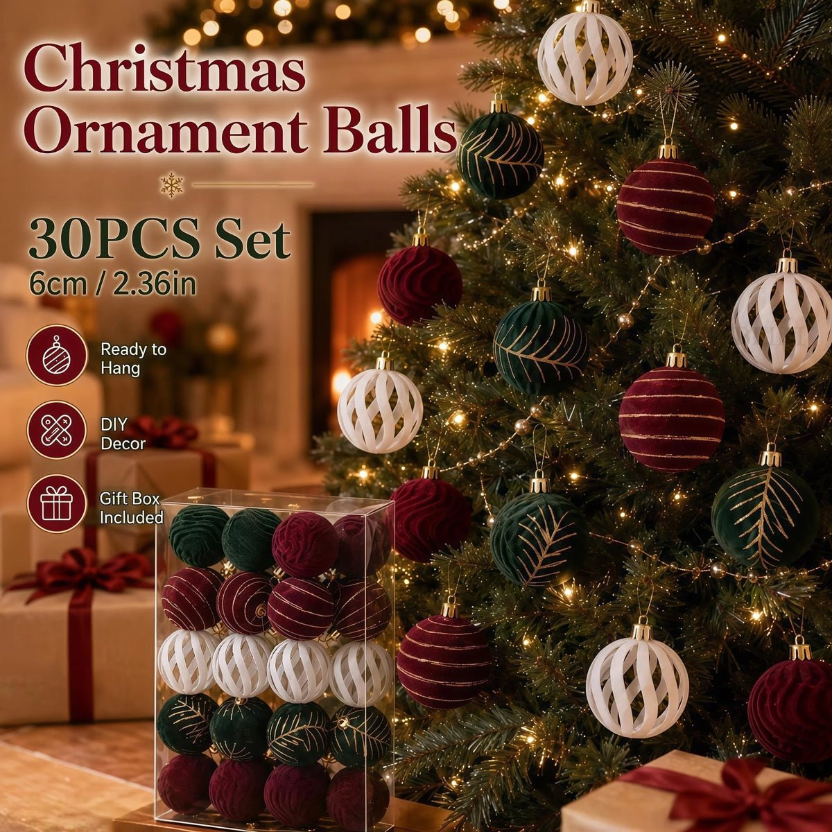 A set of 30 velvet Christmas ornament balls in red, green, and white are displayed on a decorated Christmas tree.