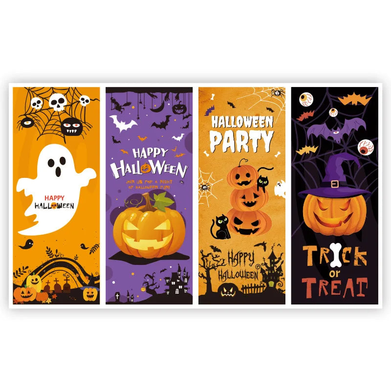 A set of Halloween themed sealing stickers featuring pumpkins, ghosts, bats, and witches for gift boxes and bags.