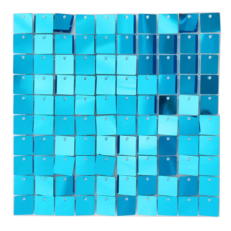 A grid of iridescent blue sequins or panels used as a sparkling backdrop for celebrations.
