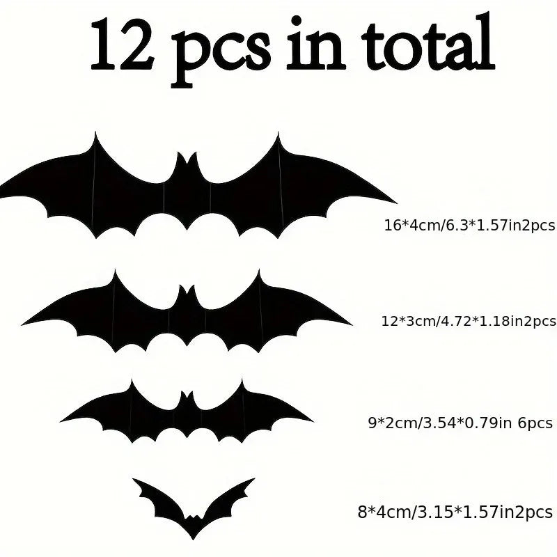 A set of twelve black bat wall stickers for Halloween décor.