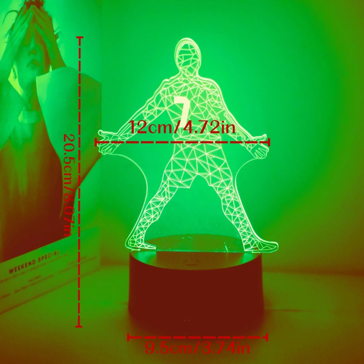 A glowing wireframe figure of a football player standing on a dark base.
