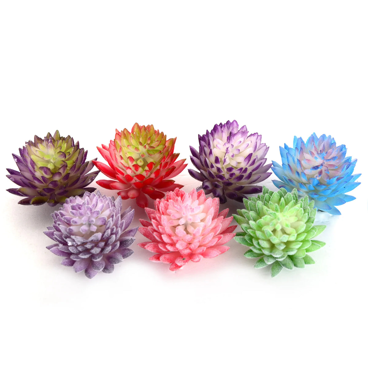 A collection of colorful mini artificial succulent bonsai balls in shades of pink, purple, green, and blue.