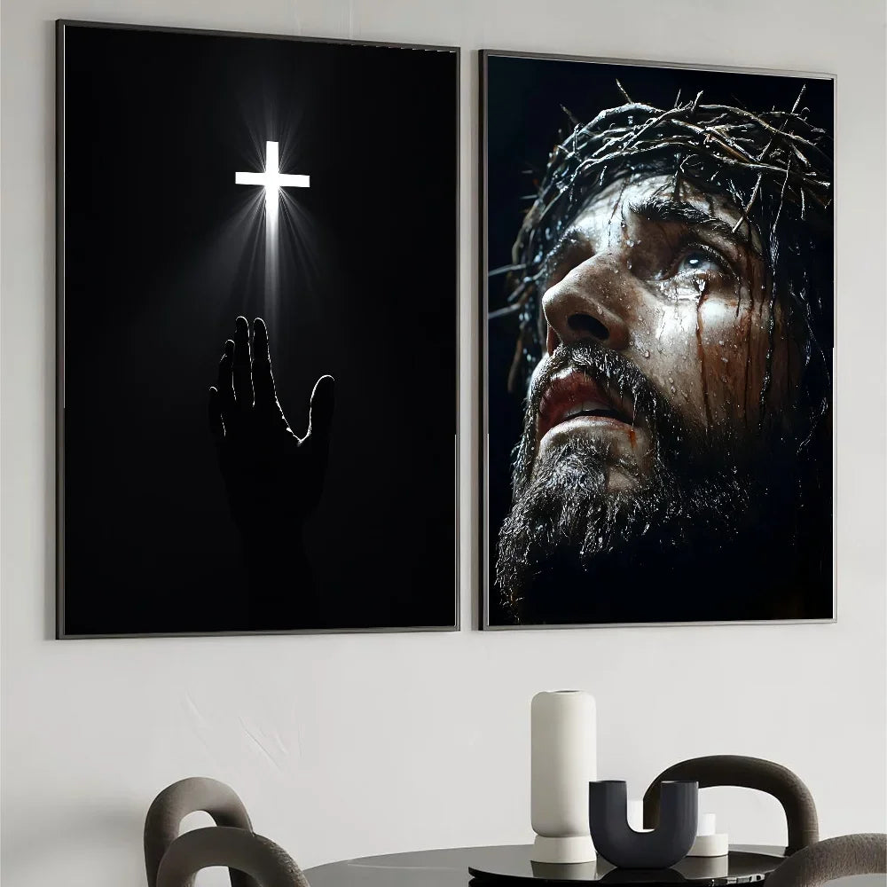 A framed canvas print depicting a dramatic close-up of Jesus Christ with a crown of thorns and tears.