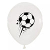 A white latex balloon featuring a black soccer ball graphic with shooting stars.