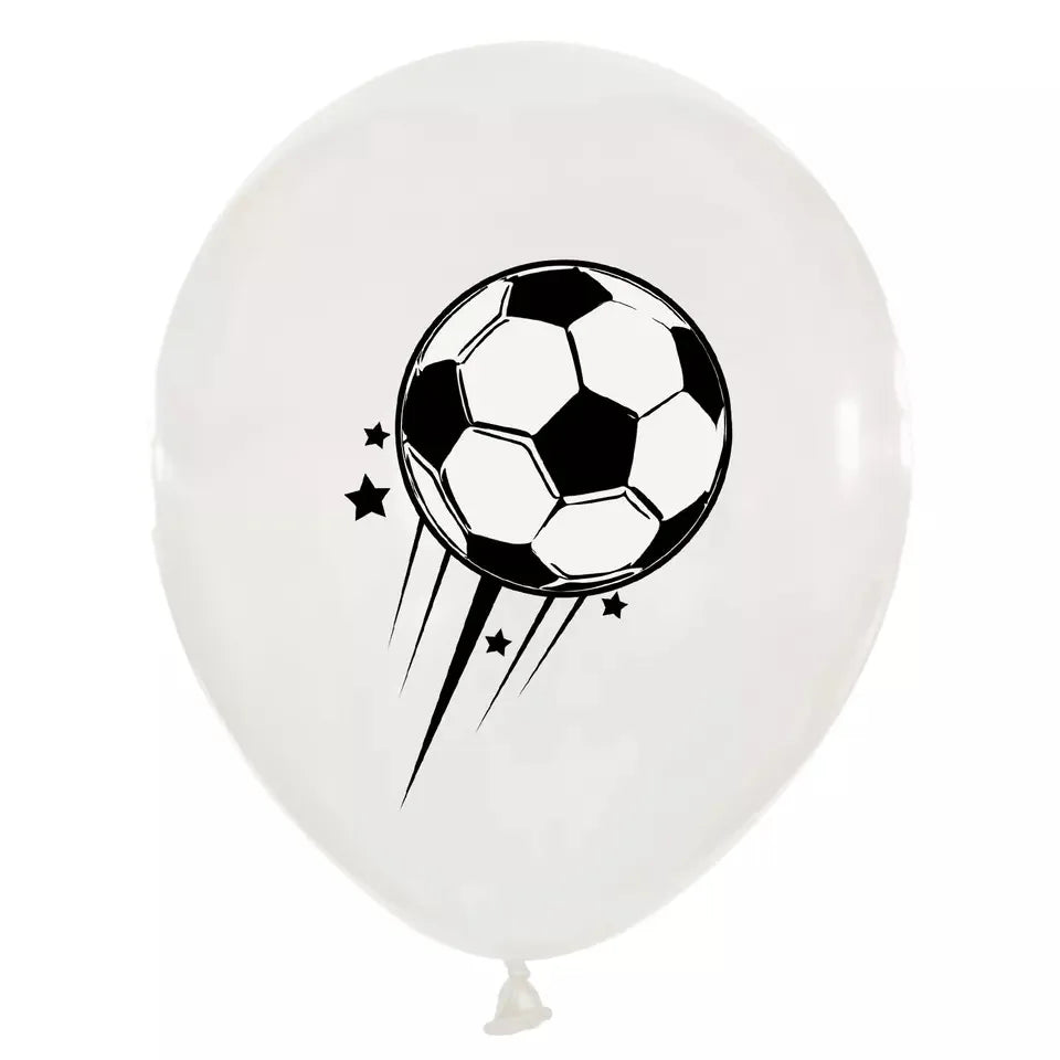 A white latex balloon featuring a black soccer ball graphic with shooting stars.