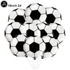 A pack of ten black and white soccer ball balloons used for party decorations.