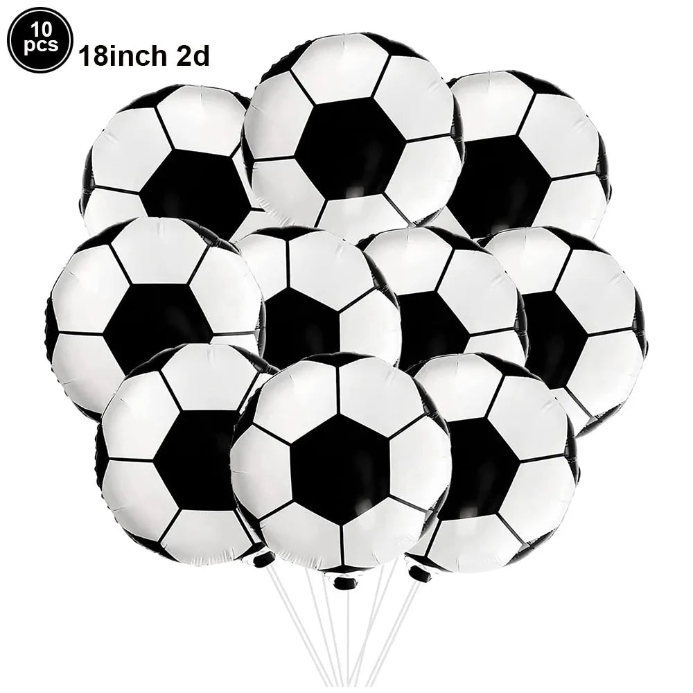 A pack of ten black and white soccer ball balloons used for party decorations.