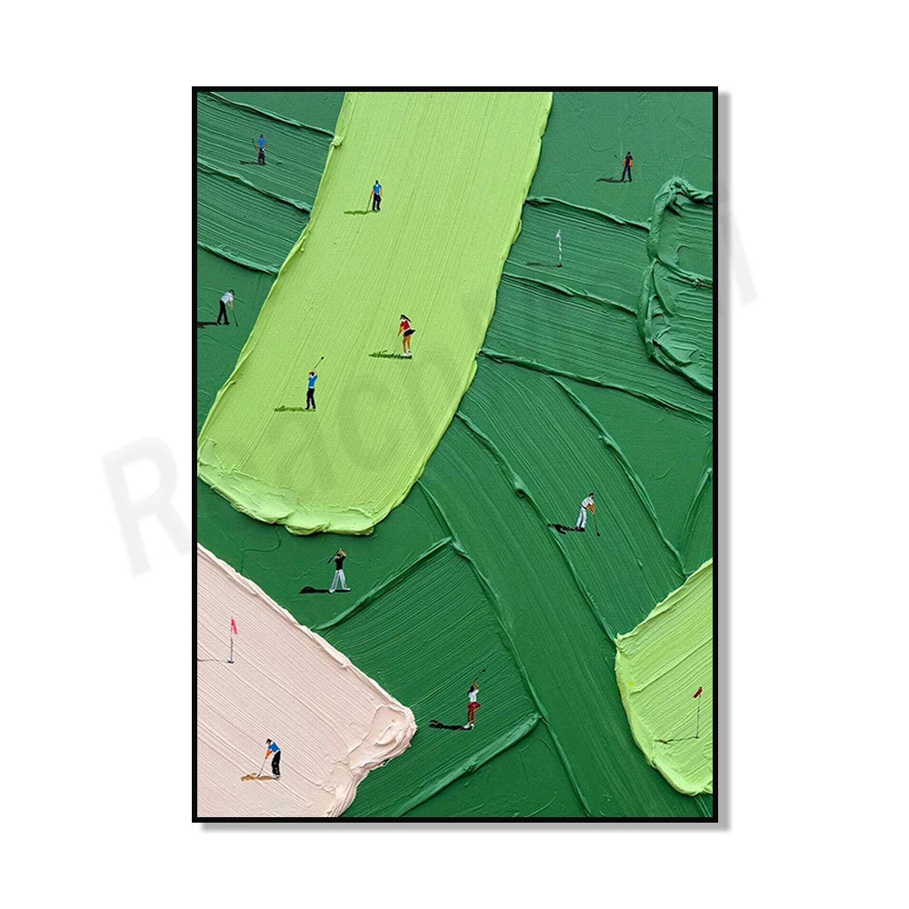 Abstract canvas art depicting a green golf course landscape with small figures playing.