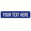 A rectangular blue sign with white text that reads YOUR TEXT HERE.