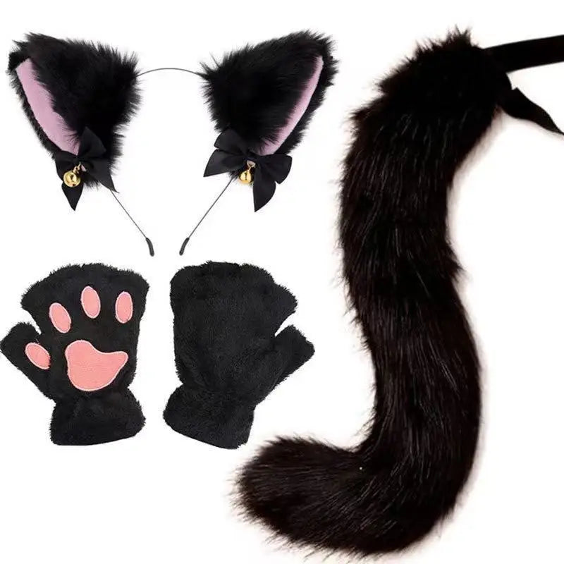 Black furry cat ear headband and tail costume set with pink accents