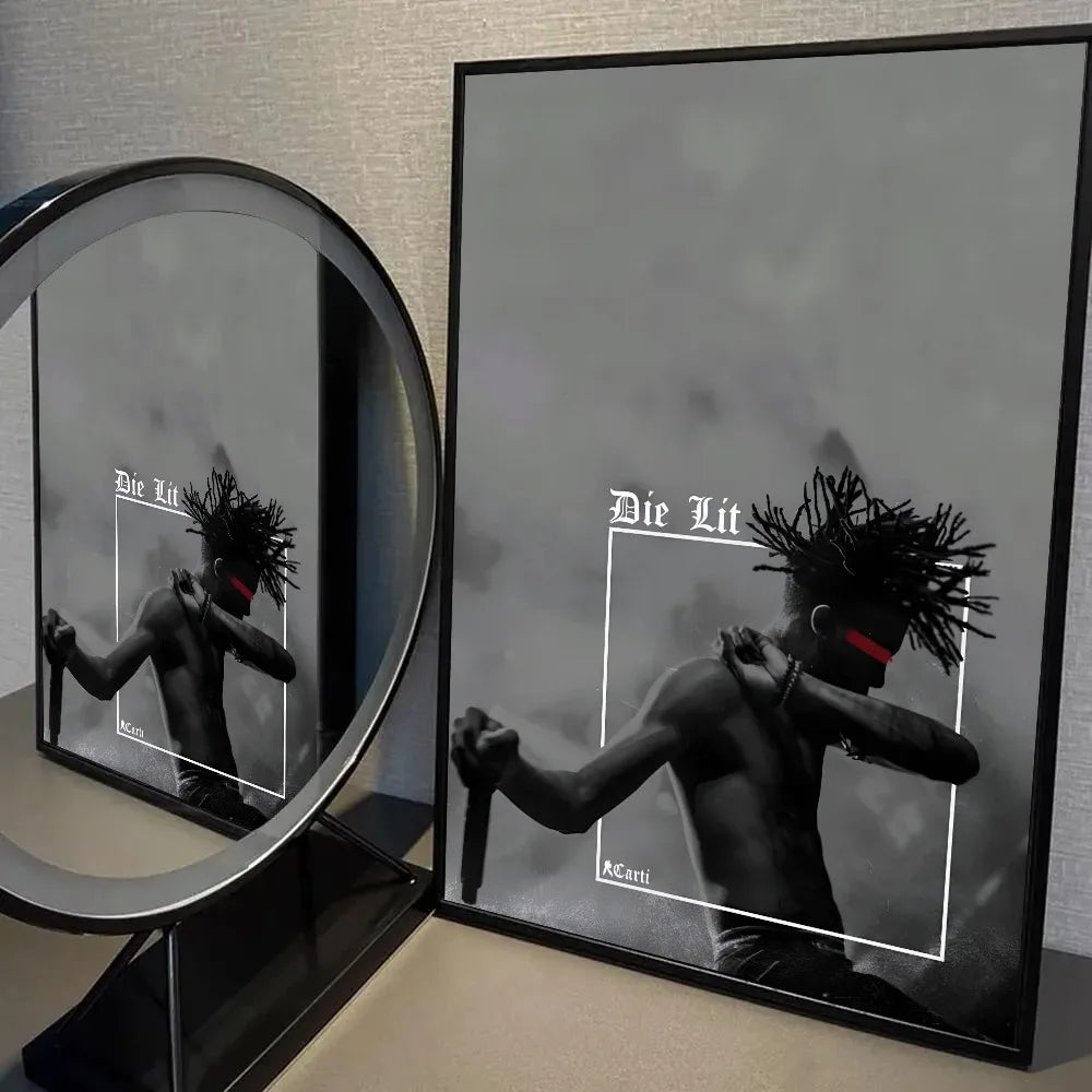 Black and white canvas wall art featuring a portrait of Playboi Carti with dreadlocks and a red mask.
