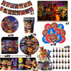 A collection of Five Nights at Freddy's birthday party supplies including decorations, food items, and character figures.