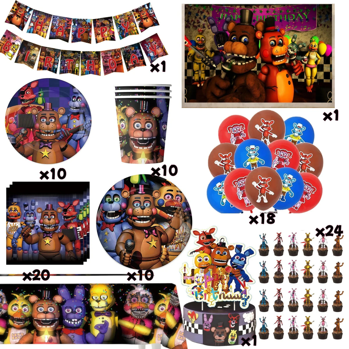 A collection of Five Nights at Freddy's birthday party supplies including decorations, food items, and character figures.
