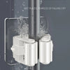 White adhesive wall hooks designed to hold mops and brushes, demonstrating waterproof and moisture-proof stability.