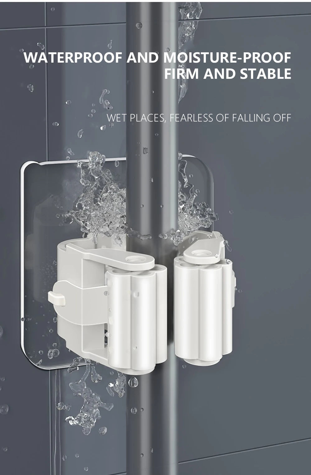 White adhesive wall hooks designed to hold mops and brushes, demonstrating waterproof and moisture-proof stability.