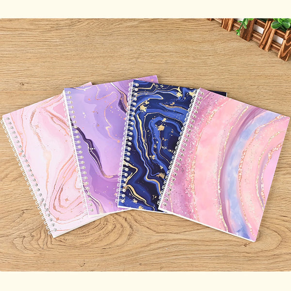 A set of four reusable sticker collecting albums featuring marbled purple, pink, and blue designs with gold glitter accents.