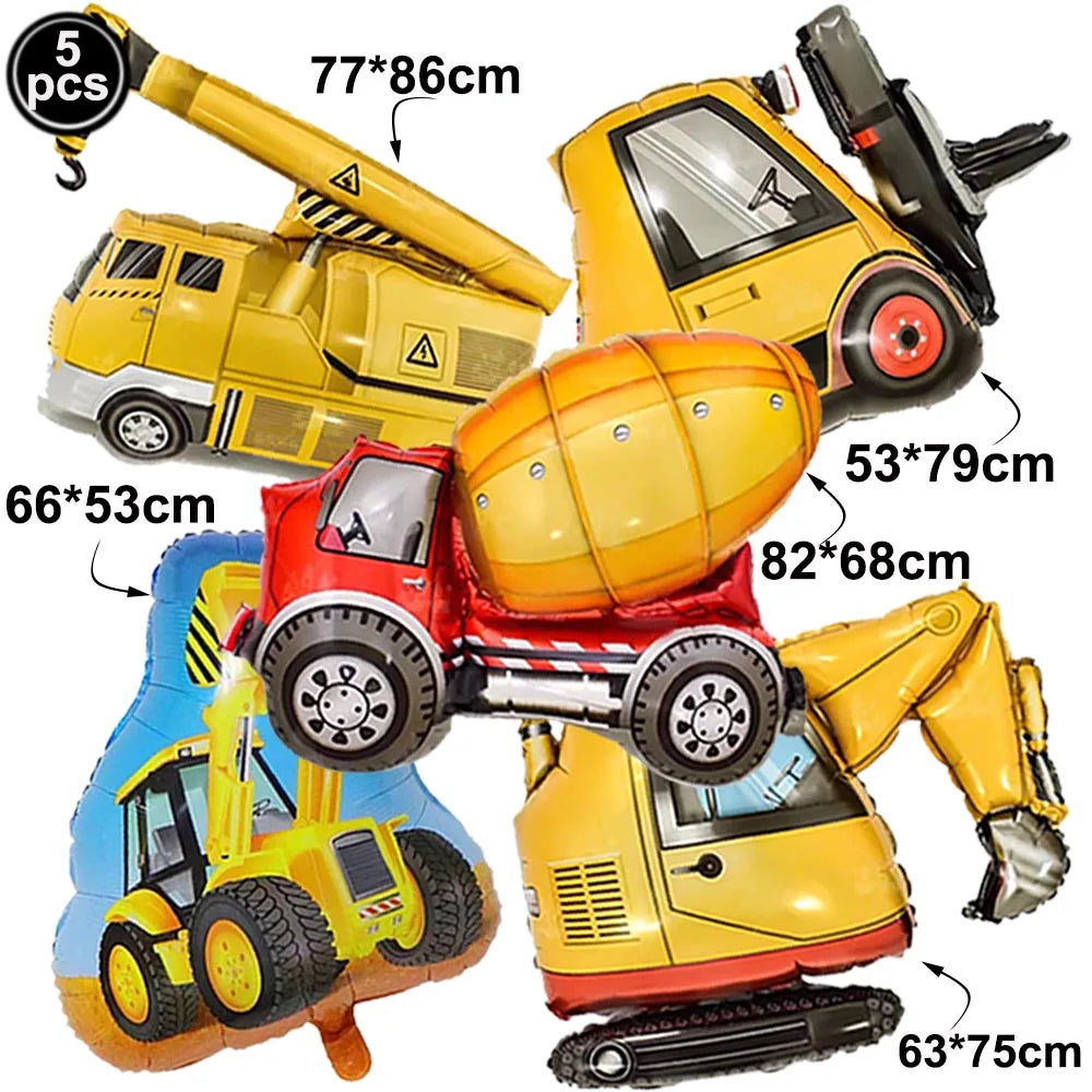 Set of five yellow and red construction truck foil balloons for birthday party decoration