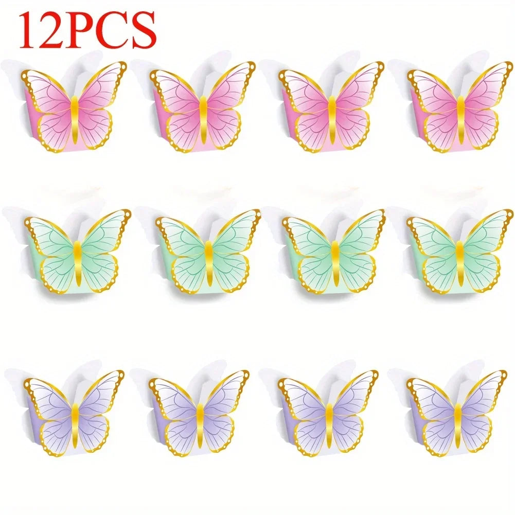 A set of 12 colorful butterfly decorations for a garden party table