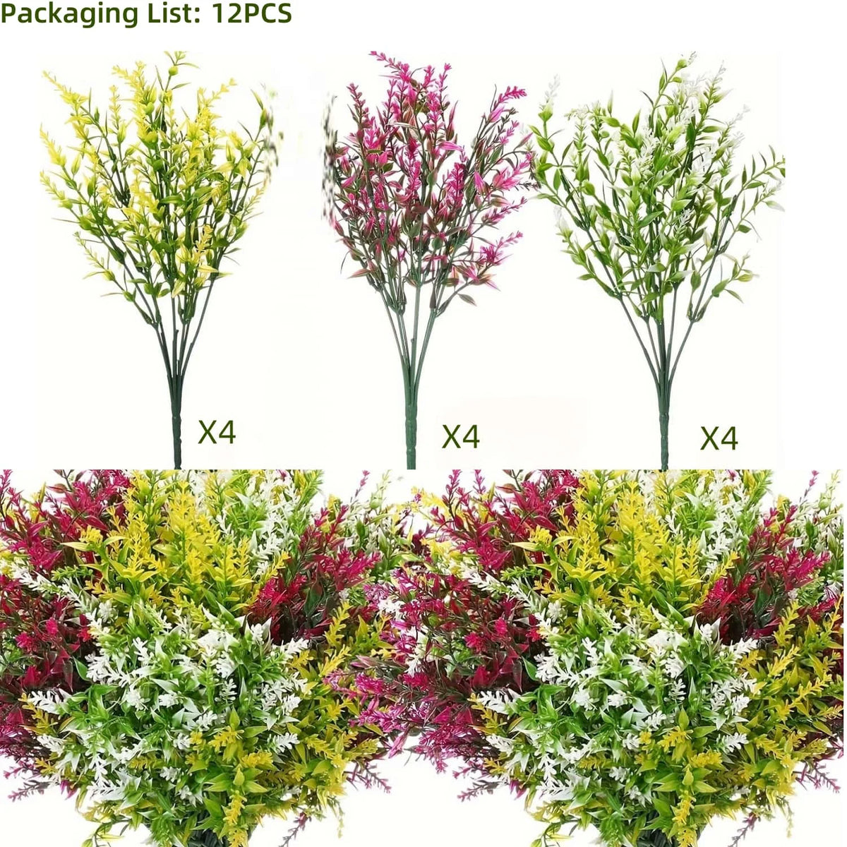Three artificial lavender stems showing vibrant pink, purple, and yellow blooms on green foliage.