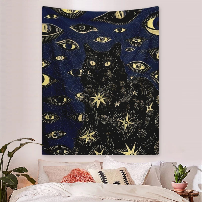 A dark blue tapestry featuring a silhouette of an owl with glowing yellow eyes and numerous other watchful eyes.