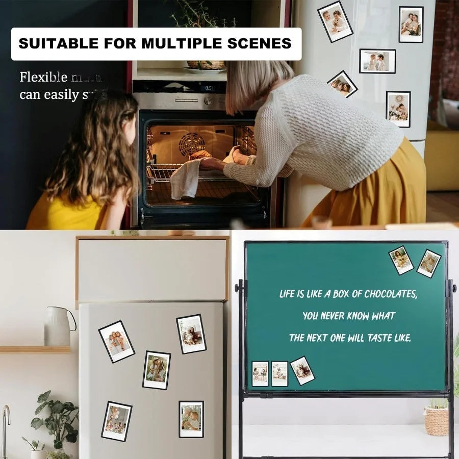 A woman is using a magnetic photo frame to display pictures on a refrigerator door, demonstrating its suitability for multipl
