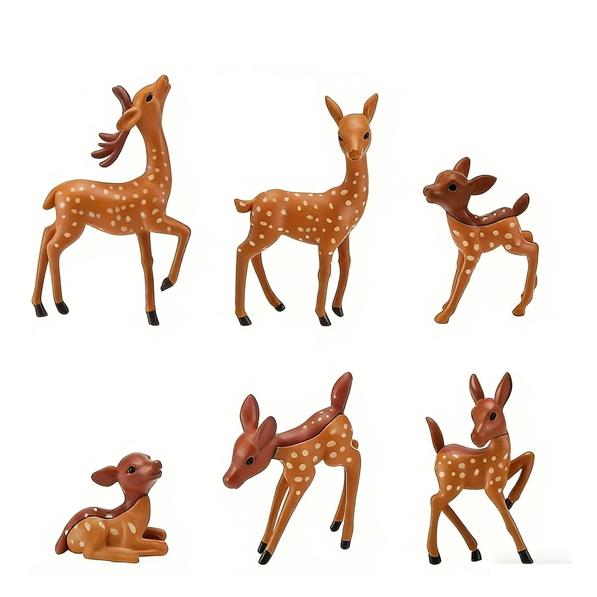 A set of four mini deer figurines in various poses and colors for garden or desk decor.