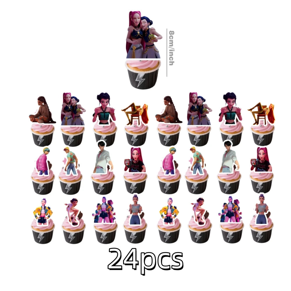 A set of 24 anime hunter girl cake toppers featuring various characters in pink and purple outfits.