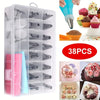 A clear plastic storage box containing a complete 38-piece cake decorating set with piping nozzles and tools.