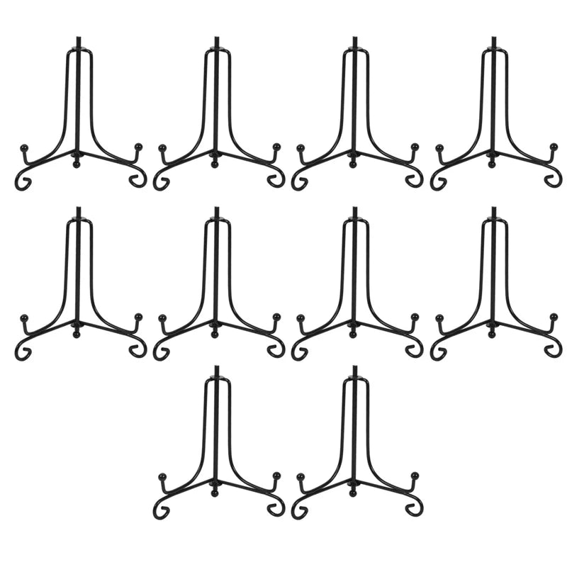 A set of six black metal display easels designed for holding photos, plates, and collectibles.