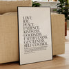A framed canvas print displaying a list of virtues from Galatians 5:22-23 on a neutral background.