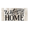 Rustic wooden hanging sign with black script that reads Welcome to our home