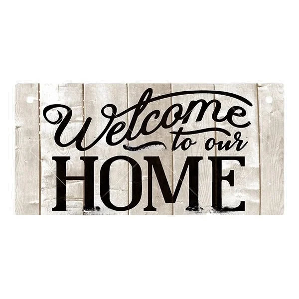 Rustic wooden hanging sign with black script that reads Welcome to our home