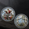 A challenge coin featuring a depiction of Christ and a knight, with text calling on a brother and fighting together.
