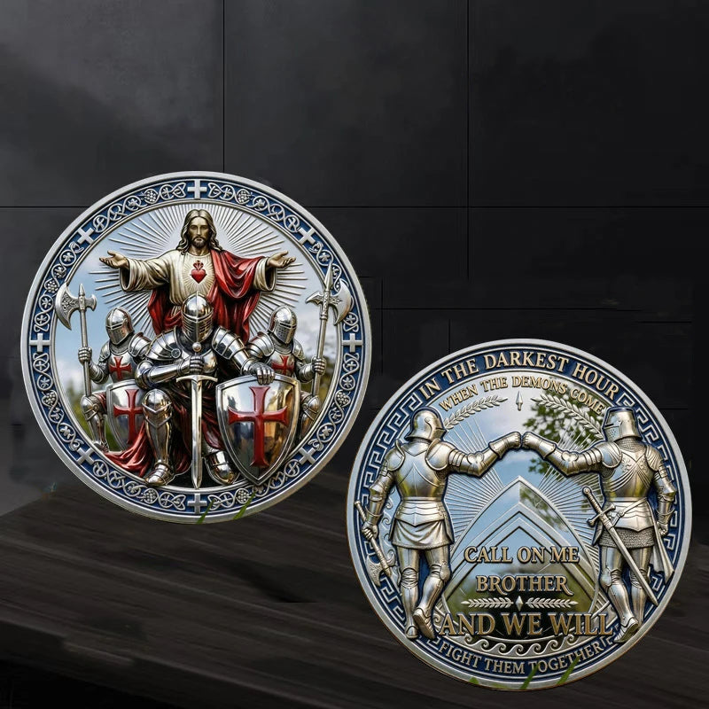 A challenge coin featuring a depiction of Christ and a knight, with text calling on a brother and fighting together.