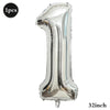 Silver foil number balloon shaped like the number one, measuring 32 inches.