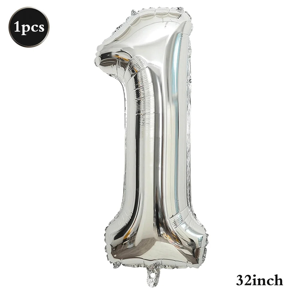 Silver foil number balloon shaped like the number one, measuring 32 inches.