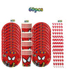 A set of 60 red plates and cups decorated with Spider-Man themes for a party.