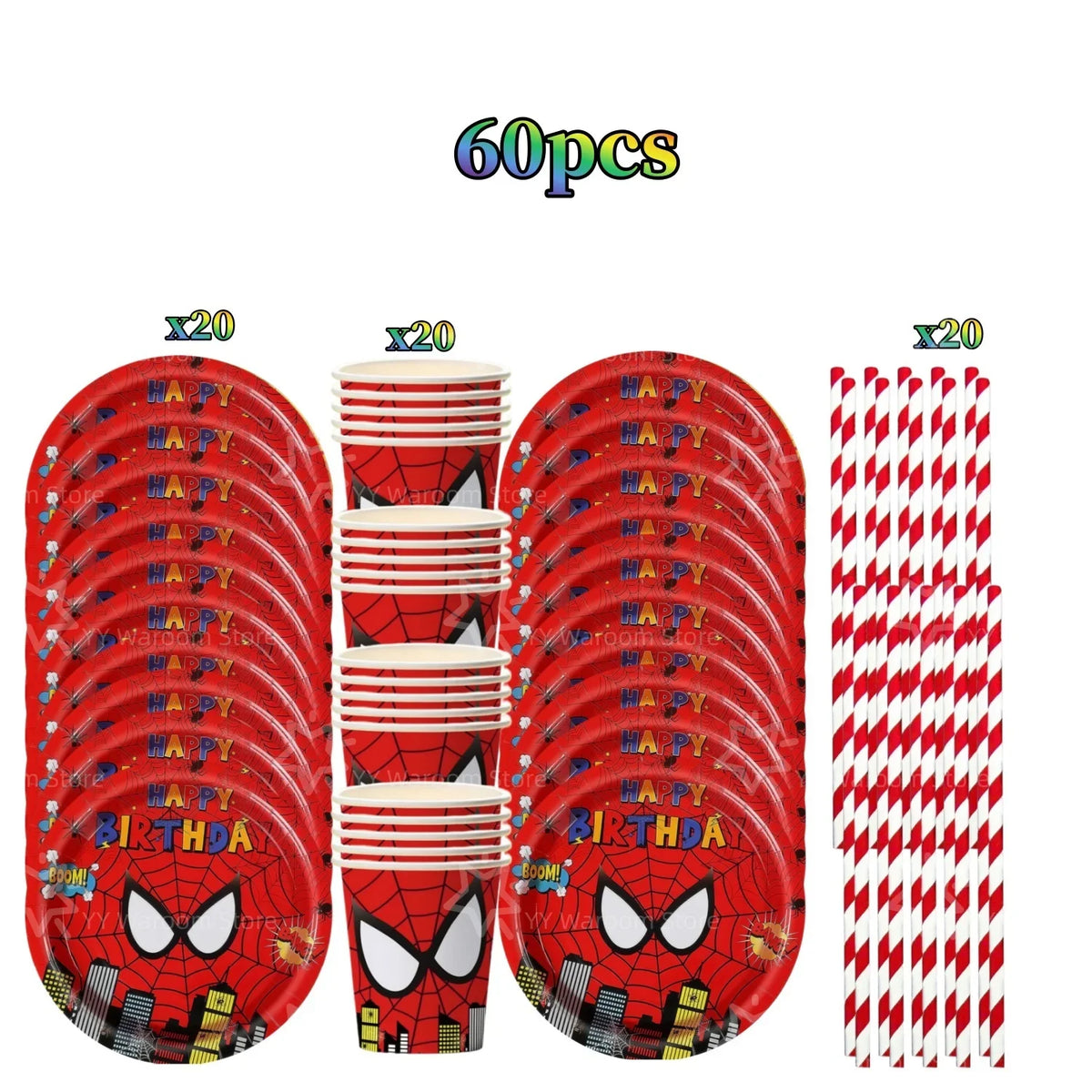 A set of 60 red plates and cups decorated with Spider-Man themes for a party.